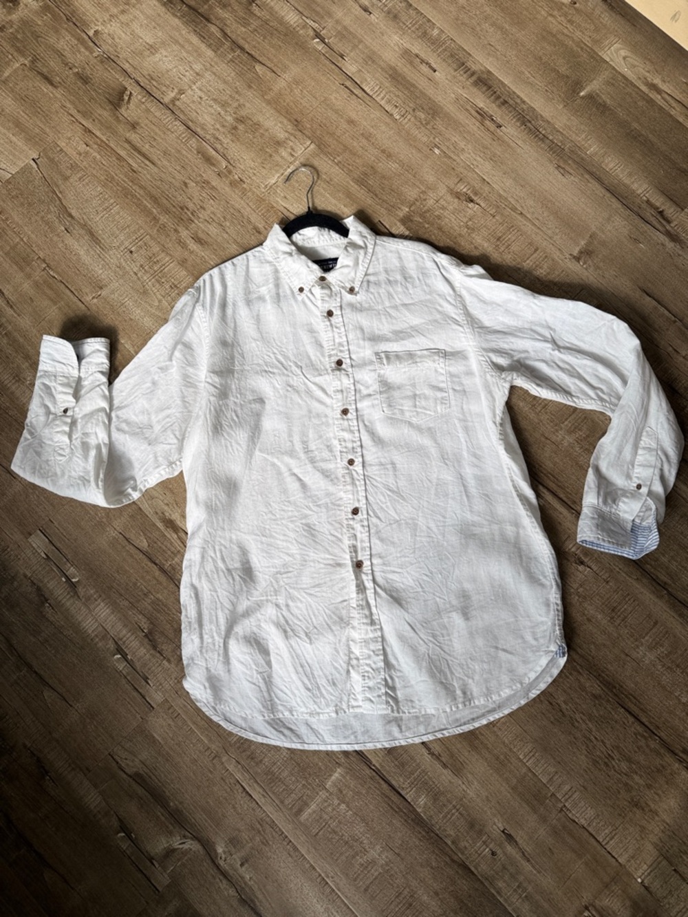 Men's White Linen vintage Casual Button-Down Shirt with Chest Pocket Lg